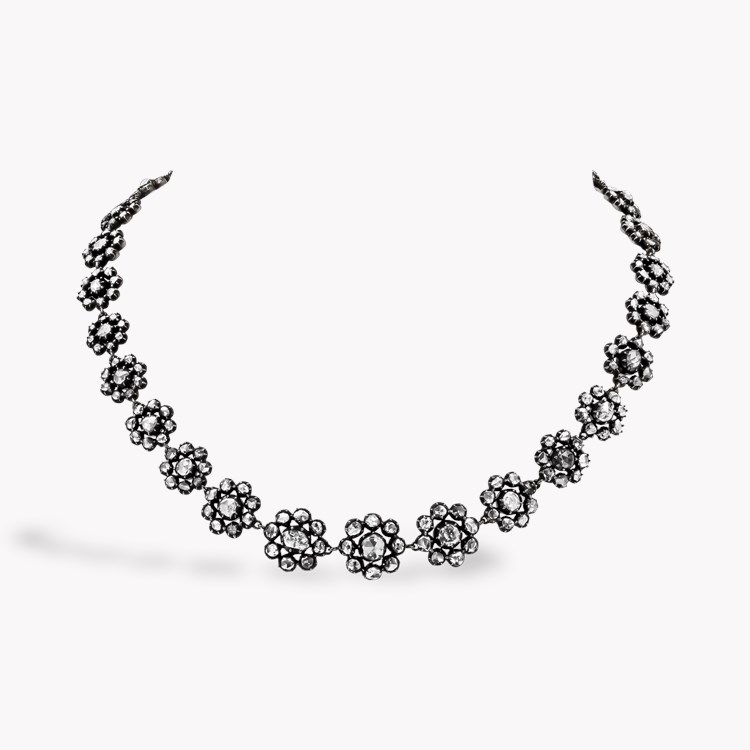 Victorian 1 - 6.62ct Native Cut Diamond Floral Cluster Necklace in 15ct Rose Gold & Silver.jpg